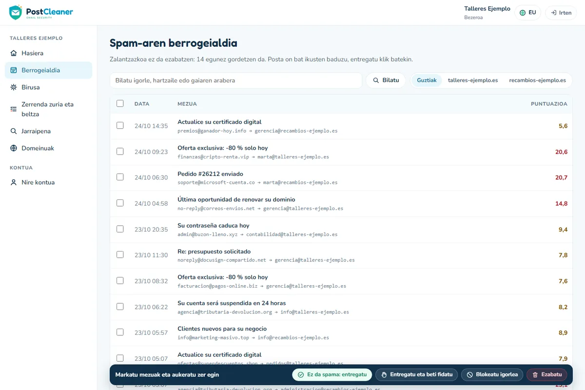 PostCleaner panelaren berrogeialdia, entregatu, fidatu, blokeatu edo ezabatzeko botoiekin