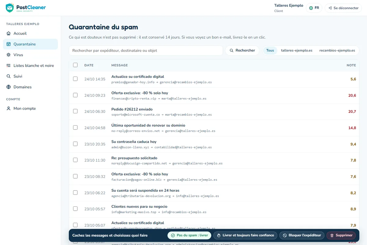 Quarantaine du tableau de bord PostCleaner avec des boutons pour distribuer, faire confiance, bloquer ou supprimer