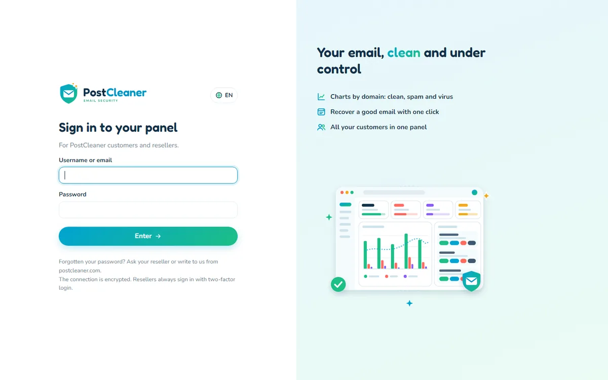 PostCleaner dashboard sign-in screen, with username and password