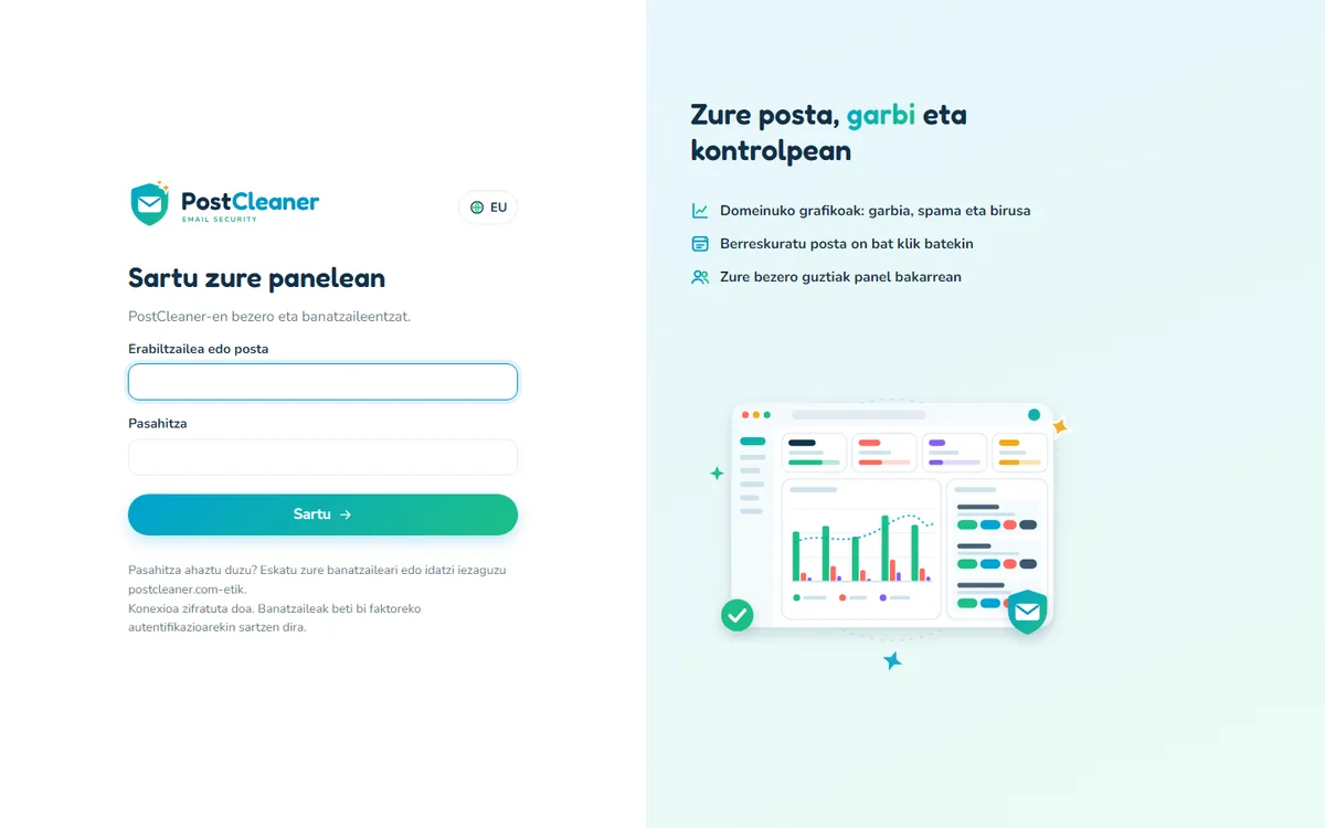 PostCleaner panelera sartzeko pantaila, erabiltzailearekin eta pasahitzarekin