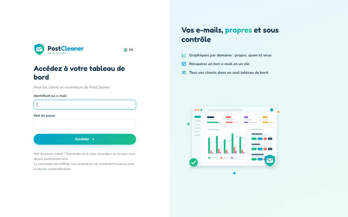 Écran de connexion au tableau de bord PostCleaner, avec identifiant et mot de passe